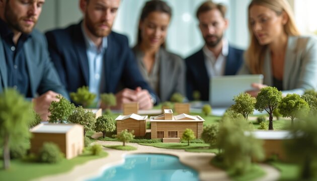 Eco project presentation with diverse business team. Architects present wooden house model, lake, trees, green building design. Corporate social responsibility, commitment to enviromental - Powered by Adobe