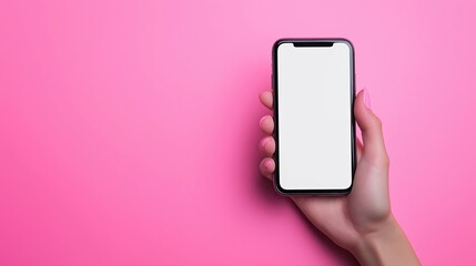 hand holding smart phone with blank white screen. Background solid pink