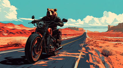 Cool Bear Riding a Motorcycle on an Open Desert Highway &ndash; Retro Artwork