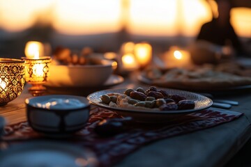 cozy, dimly lit dining table set for Suhoor, featuring traditional Middle Eastern breakfast items such as dates, yogurt, olives, flatbread, and a warm cup of tea