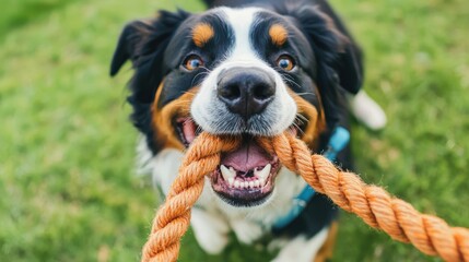 A happy dog plays with a rope toy in a grassy field, showcasing joy and energy in a vibrant outdoor setting.