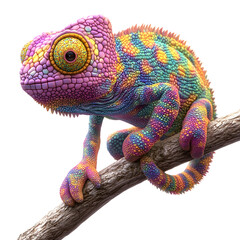Obraz premium Colorful 3D Cartoon Chameleon on a Branch Isolated on Transparent Background