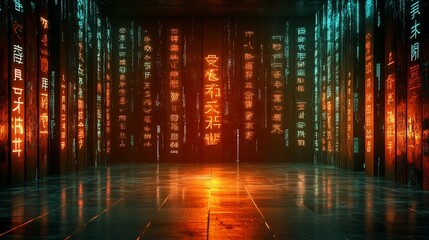 Obraz premium Glowing Asian script, futuristic room, data center, empty floor