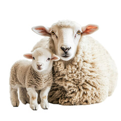 Obraz premium One mother sheep and one pair of lambs isolated on transparent box background.