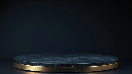 Obraz premium A 3D Rendering of a Black Marble Podium with Gold Accents, Set Against a Dark Navy Blue Room Background with Subtle Light Gradients and Shadows, Perfect for a Luxury Product Shelf Display