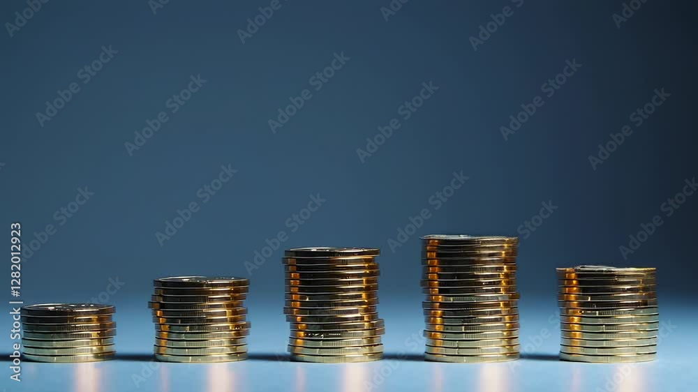 Poster golden coins steadily building up into ascending stacks against deep blue background, symbolizing fi
