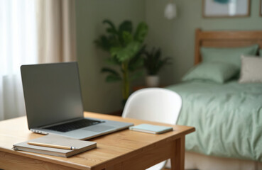 Fototapeta premium Laptop on wooden table for online education at cozy home bedroom. Modern workplace with computer, notebook, pencil for distant learning, e-learning. Home interior, furniture. Cyberspace concept. Bed,