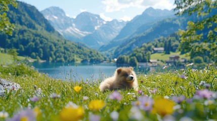 Obraz premium Fluffy puppy lies in a sunny wildflower meadow overlooking a scenic alpine lake and mountains.