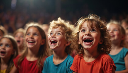 Group of excited kids watch performance show, laugh, smile. Children faces full of wonder, joy, delight. Happy audience captivated by vibrant show, event indoors. Childhood innocence, curiosity,