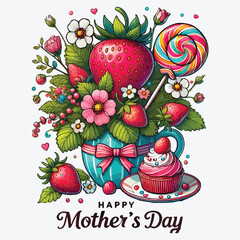 Mother’s Day greeting card with Strawberry. Spring holidays. Vector Illustration. stock illustration