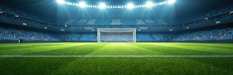 Empty soccer pitch with green grass lawn at arena stadium. Goal with net stands centered. Sport venue with seats rows, bright spotlights. Soccer field ready for game, tournament, or championship.