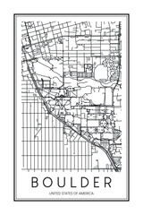 Printable downtown road map poster of the USA town of BOULDER on solid white background with city name