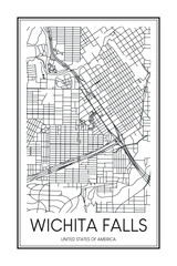 Printable downtown road map poster of the USA town of WICHITA FALLS on solid white background with city name