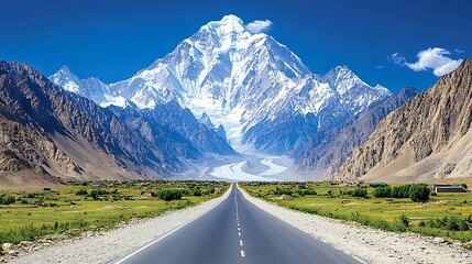 Naklejka premium A beautiful mountain road twisting through a vibrant autumn forest, with colorful leaves falling and a snow-covered peak in the background.