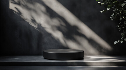 Sleek Black Matte Podium with Clean, Sharp Lines Set Against a Dark Gray Industrial Background Featuring Subtle Spotlight Effects for a Modern Product Showcase