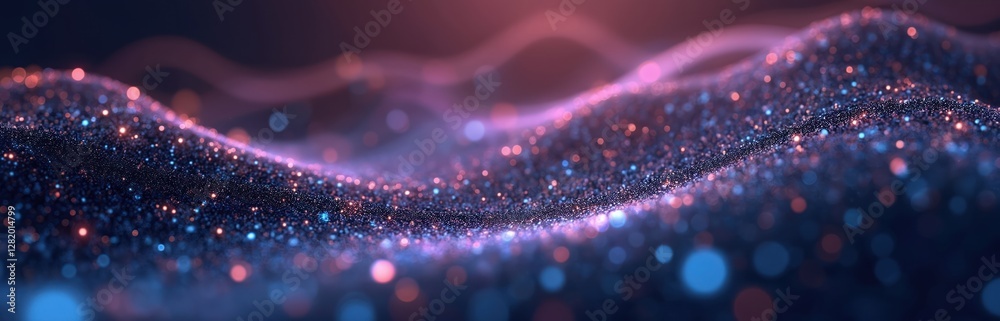 Poster illustration of abstract futuristic tech background with dynamic wave mesh, glowing particles. hi-te