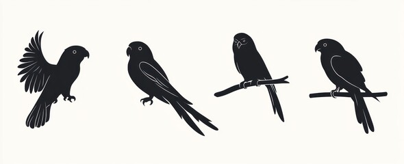 Fototapeta premium Four Black Parrot Silhouettes in Various Poses