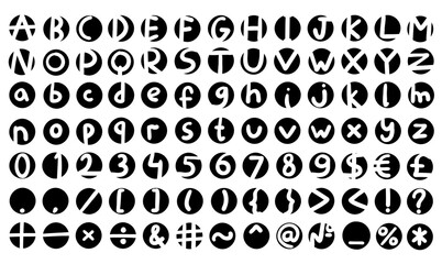 Circle black english latin abc alphabet font with digits and symbols handwritten A to Z, 0 to 9 collection. Vector illustration in doodle style isolated on white background. For design, menu, branding