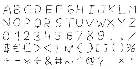 Wavy english latin abc alphabet font with digits and symbols handwritten A to Z, 0 to 9 collection. Vector illustration in doodle style isolated on white background. For design.