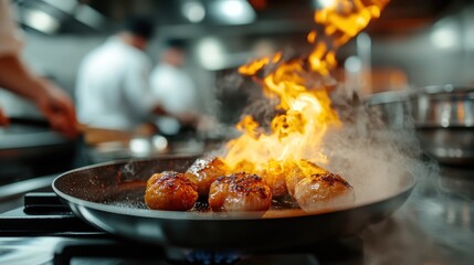 An exhilarating image capturing the intense moment of flames and smoke rising from a hot pan while professional chefs work diligently in a bustling kitchen atmosphere.