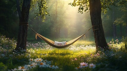 A serene forest scene with a hammock tied between two trees, surrounded by blooming wildflowers and soft morning sunlight