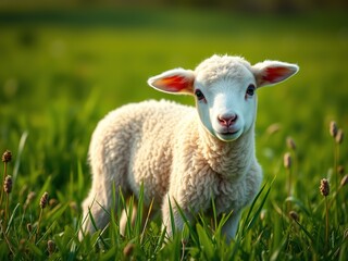 Fototapeta premium Lamb in Pasture: Peaceful Grazing in Serene Meadow