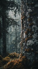 Close to the aged trunk, vibrant moss thrives, creating a lush tapestry of greens and browns. This serene moment captures the quiet beauty of a fog-laden forest waking at dawn.