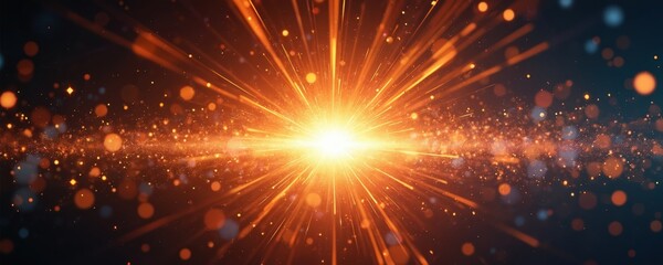 Naklejka premium Optical lens explosion effect. Sun light ray lens flare. Colorful beam explosion. Abstract glowing starburst effect background. Magic sparkles particles from center of flash burst for festive