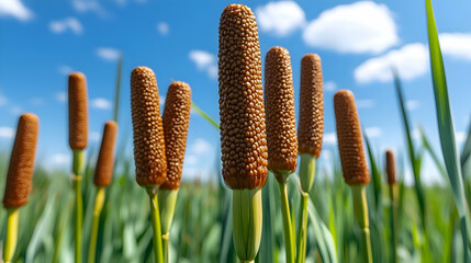A close-up of cattail blooms, with their cylindrical brown flower spikes standing tall against a blue sky