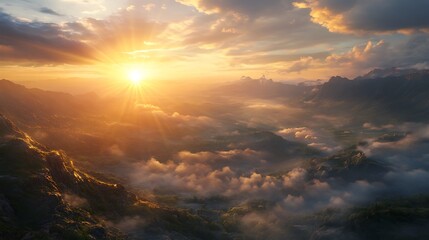 Fototapeta premium A breathtaking view of early morning sun rays piercing through layers of dense clouds, casting a golden glow over a tranquil mountain valley filled with soft mist