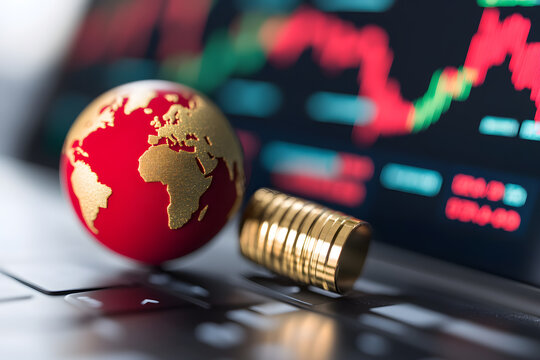 Global Market Trends: A stylized earth globe rests on a keyboard beside a stack of coins, reflecting data trends. Global Economy and Trading concept.