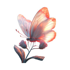Fluffy 3D Cartoon Butterfly with Glowing Soft Wings Flying Over a Flower Isolated on Transparent Background