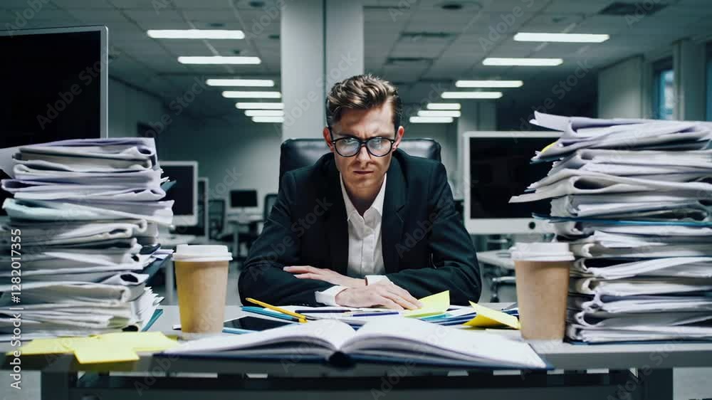 Poster office worker overwhelmed by workload, sitting with various documents and binders, symbolizing stres