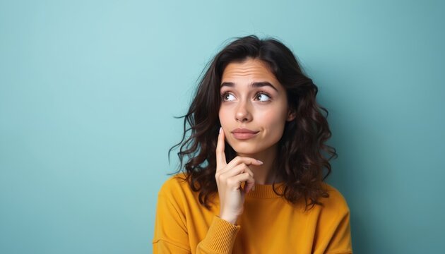 Puzzled woman with uncertain expression, thinking face. Large open eyes, hand at face. Copy space left for banner, text or infographic. Questioning, curious, doubtful mood, generative AI portrait.