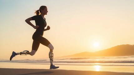 Running at sunrise on the beach with prosthetic legs, inspiring resilience and strength during a morning workout
