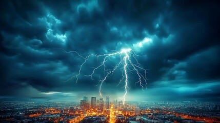 Obraz premium Dramatic lightning strikes over a bustling city skyline during a stormy evening