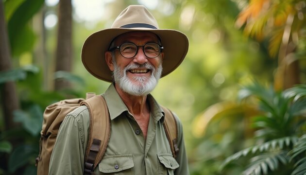 Joyful senior bearded man in safari clothes explores tropical garden with backpack. Smiling elderly adventurer enjoying nature, travel, excursion in forest with casual attire and hat. - Powered by Adobe