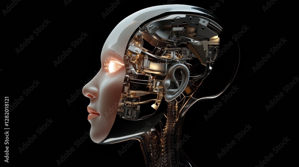 Aufkleber side profile of a futuristic human head showcasing intricate mechanical structures and a glowing rob