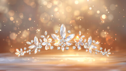 A stunning tiara adorned with sparkling diamonds, set against a luxurious gold background that enhances its beauty