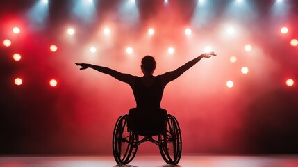 Performing artist in wheelchair showcasing talent under stage lights during an inspirational performance in a theater setting