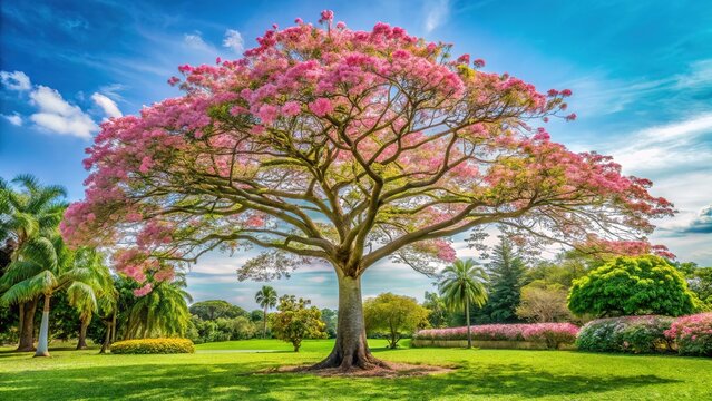 Simple silk floss trees, serene garden scene, close-up photography.