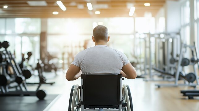Man in wheelchair prepares for workout at modern gym during bright daytime
