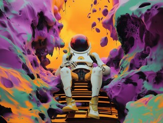 Psychedelic astronaut in bubble helmet in sneakers sitting on steps in bright colorful surreal setting
