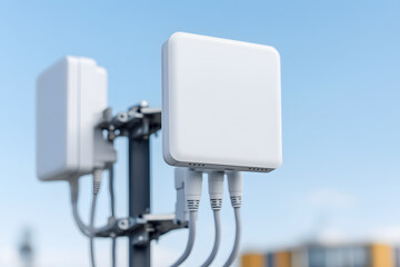 Close-up of communication equipment featuring square white transmitters mounted on a structure against a light blue sky. Connectivity infrastructure