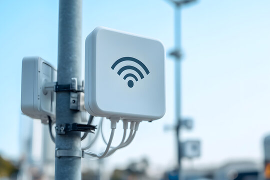 Wireless Connectivity: A white antenna with the universal icon mounted on a pole against a clear sky, representing modern communication and signal transmission.
