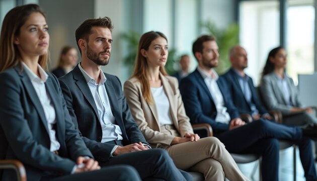 Group of young diverse business people sitting in chairs, waiting job interview in office. Applicants, candidates prepare for meeting, demonstrate professional skills, wait for turn. Recruitment