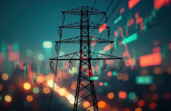 Electric power pylon tower against city lights, stock market chart. Energy industry, electricity production, finance, investment background, trade, exchange rates. Global economy, hi-tech development