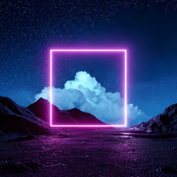 forma geom&eacute;trica neon flutuando em meio a paisagem noturna com montanhas e nuvens, quadrado