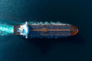 Aerial view of a large cargo ship, cutting through the deep blue ocean. Its wake leaves a trail of foamy water behind, emphasizing its journey across the open sea.