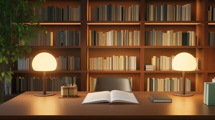 Warm and inviting workspace featuring a wooden desk, bookshelves, and stylish lamps in a cozy study environment